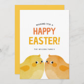 二羽の小さな鶏を持つハッピーイースター 招待状 (正面/裏面)