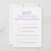 二羽の白い愛の鳥 紫のフォーマルな結婚式の出欠確認 招待状 (裏面)