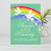 二羽の白い鳩が虹の結婚式のグリーンカラーをお招きします 招待状 (スタンド正面)