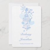 二羽の青い鳥が鳥の巣箱を開結婚ける 招待状 (正面)