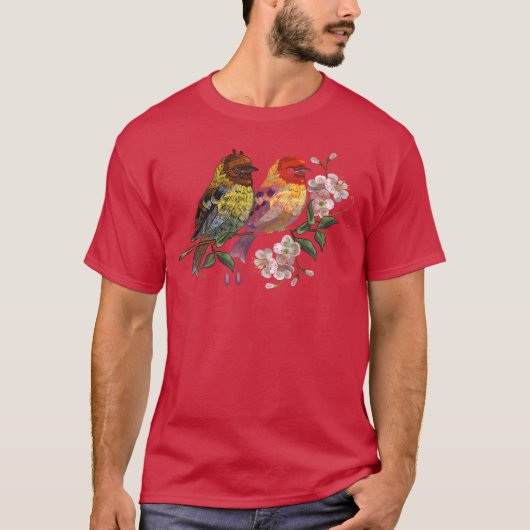 二羽の鳥の花咲く桜の刺繍 ファミリー レトロ Tシャツ (正面)