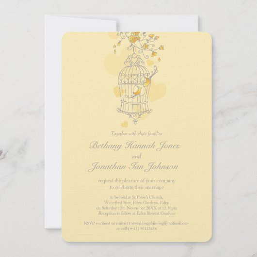 二羽の黄色い鳥が鳥の巣箱を開結婚ける 招待状 (裏面)