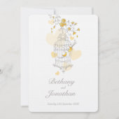 二羽の黄色い鳥が鳥の巣箱を開結婚ける 招待状 (正面)