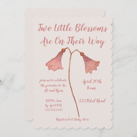 二花桃花双生児ベイビーシャワー 招待状 (正面/裏面)