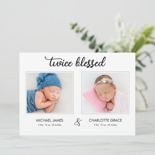 二重に祝福された双子の写真発表カード 案内状 (スタンド正面)