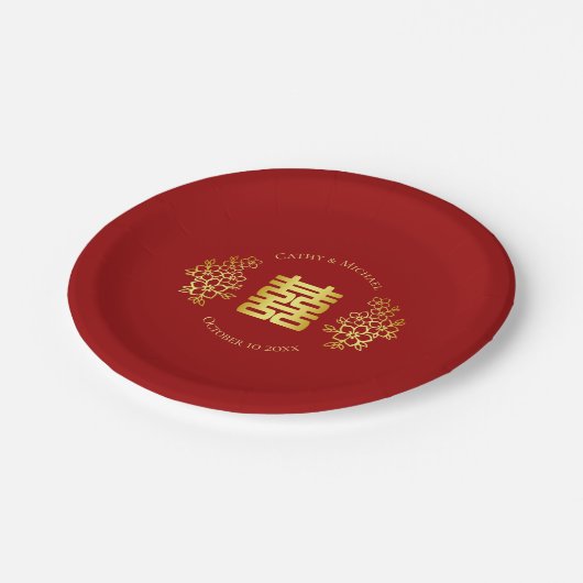 二重の幸福中国のフローラ結婚の赤い金ゴールド ペーパープレート (アングル)