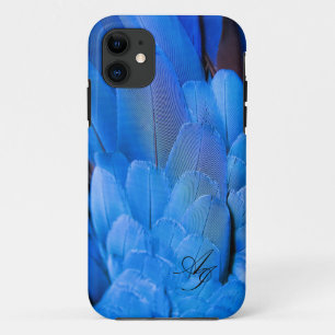 二重イニシャルモノグラムのの青い羽羽の羽の鳥 iPhone 11 ケース