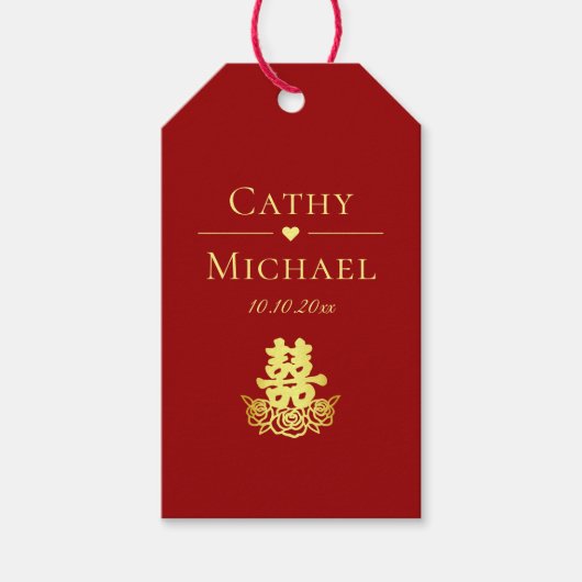 二重エレガント幸福結婚バラ中国のの赤 ギフトタグ (正面)