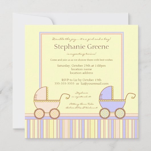 二重キャリッジ双生児の女の子の男の子のシャワーの招待状 招待状 (正面)