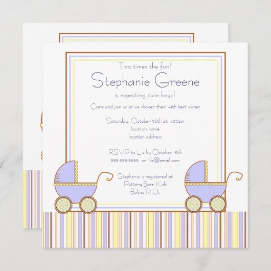 二重キャリッジ双生児の男の子のベビーシャワーの招待状 招待状 (正面/裏面)