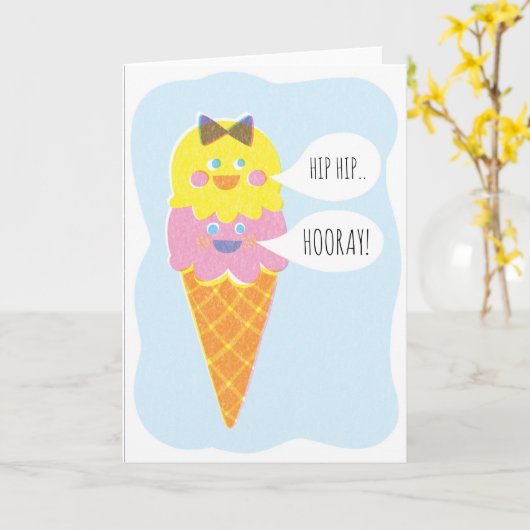 二重スコップの女の子のアイスクリームの挨拶状 カード (黄色い花)