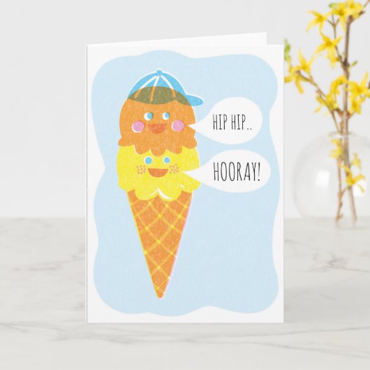 二重スコップの男の子のアイスクリームの挨拶状 カード (黄色い花)