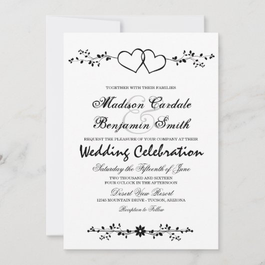 二重ハートの花柄の枝結婚式招待状 招待状 (正面)