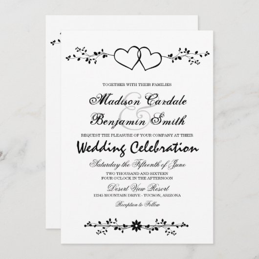 二重ハートの花柄の枝結婚式招待状 招待状 (正面/裏面)