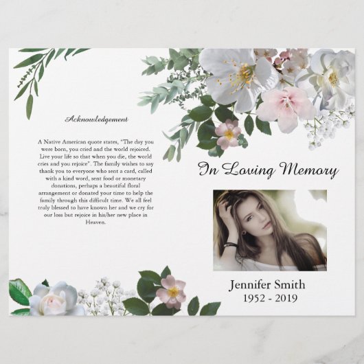 二重ホワイトさくらんぼ花バラ葬儀プログラム チラシ (正面)