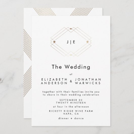 二重モダンモノグラム幾何金ゴールド結婚ズ 招待状 (正面/裏面)