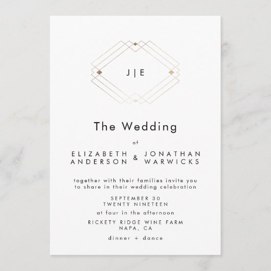 二重モダンモノグラム幾何金ゴールド結婚ズ 招待状 (正面)