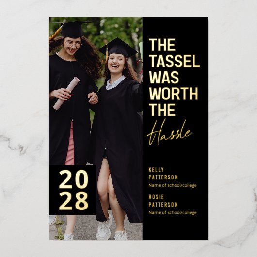 二重モダン卒業写真パーティー金ゴールド 箔招待状 (正面)