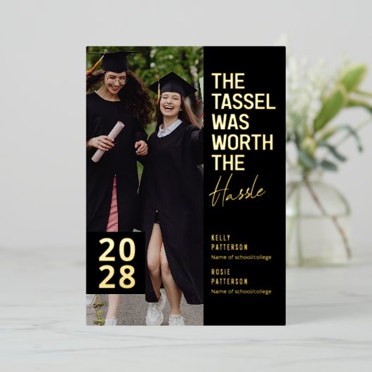 二重モダン卒業写真パーティー金ゴールド 箔招待状 (立ち正面)