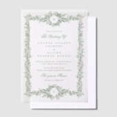 二重モノグラムセージ緑葉結婚枠 ベラム紙招待状 (オフセット)