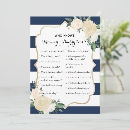 二重側面のベビーシャワーのゲーム-だれが知っているかアドバイス| 招待状 (スタンド正面)