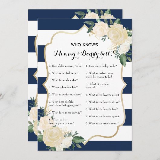 二重側面のベビーシャワーのゲーム-だれが知っているかアドバイス| 招待状 (正面/裏面)