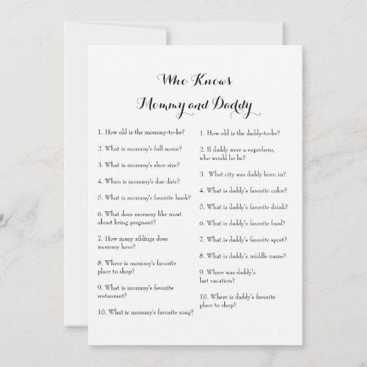 二重側面のベビーシャワーのゲーム-だれが知っているかアドバイス| 招待状 (正面)