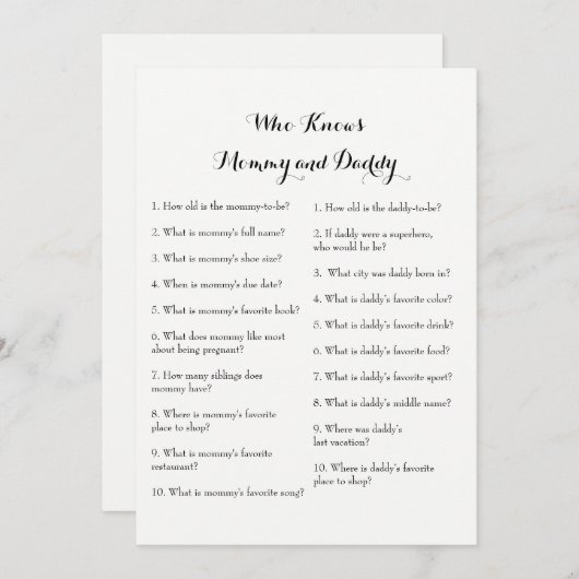 二重側面のベビーシャワーのゲーム-だれが知っているかアドバイス| 招待状 (正面/裏面)