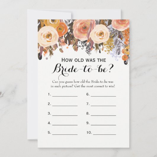 二重側面の秋の花のブライダルシャワーのゲーム 招待状 (正面)