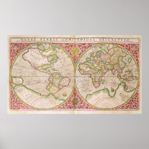 二重半球の世界地図1587年 ポスター
