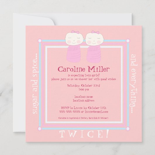 二重喜び!  対の女の子のシャワーの招待状 招待状 (裏面)