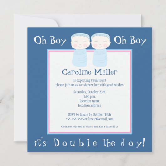 二重喜び!  対の男の子のシャワーの招待状 招待状 (裏面)