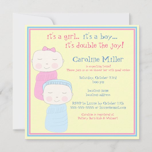 二重喜び!  対の男の子の女の子のシャワーの招待状 招待状 (裏面)