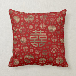 二重幸福の記号パターン-赤の金ゴールド クッション