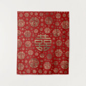 二重幸福の記号パターン-赤の金ゴールド タペストリー (正面)