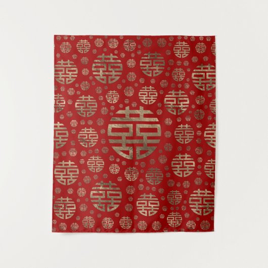 二重幸福の記号パターン-赤の金ゴールド タペストリー (正面)