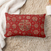 二重幸福の記号パターン-赤の金ゴールド ランバークッション (ブランケット)