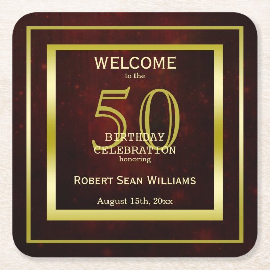 二重男らし金ゴールドフレーム50誕生日 スクエアペーパーコースター (正面)