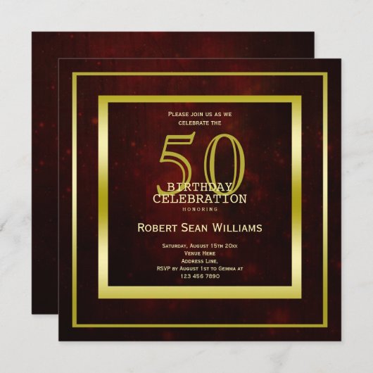 二重男らし金ゴールドフレーム50誕生日 招待状 (正面/裏面)
