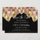 二重誕生日バラ金ゴールドと金ゴールドバルーン 招待状 (正面/裏面)