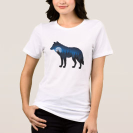 二重露光の狼のシルエット 月夜と星空 トライブレンドＴシャツ
