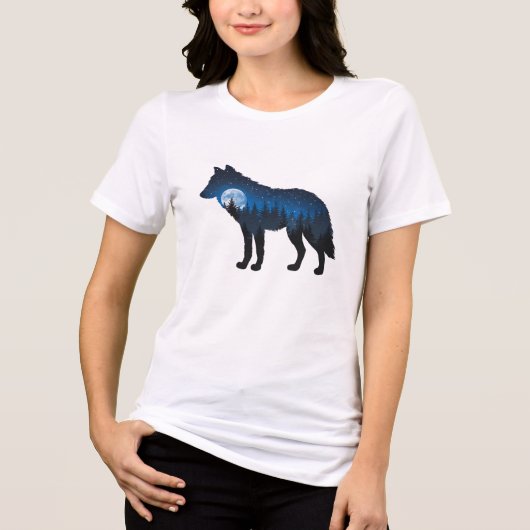 二重露光の狼のシルエット 月夜と星空 トライブレンドＴシャツ (正面)