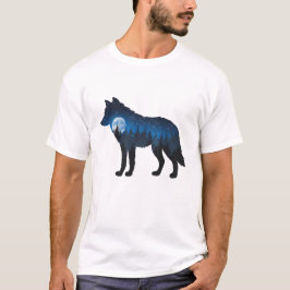 二重露光の狼のシルエット 月夜と星空 Tシャツ