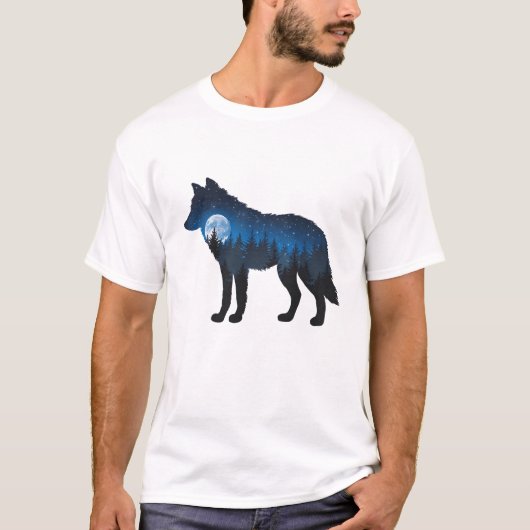 二重露光の狼のシルエット 月夜と星空 Tシャツ (正面)