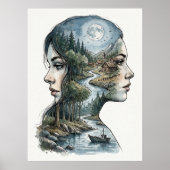 二重露光の自然シルエット水彩画 ポスター (正面)