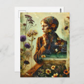 二重露出の花と悲しい若い女性 ポストカード (正面/裏面)