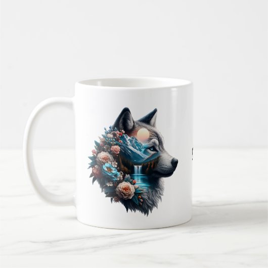 二重露出オオカミと自然風景 コーヒーマグカップ (左)