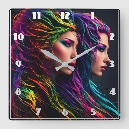 二重鮮やかポートレート付きレインボーヘアアーティストリー スクエア壁時計 (正面)