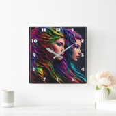 二重鮮やかポートレート付きレインボーヘアアーティストリー スクエア壁時計 (ホーム)