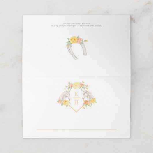 二頭の灰色の馬が黄色の白い結婚文字 プレイスカード (外部開封)